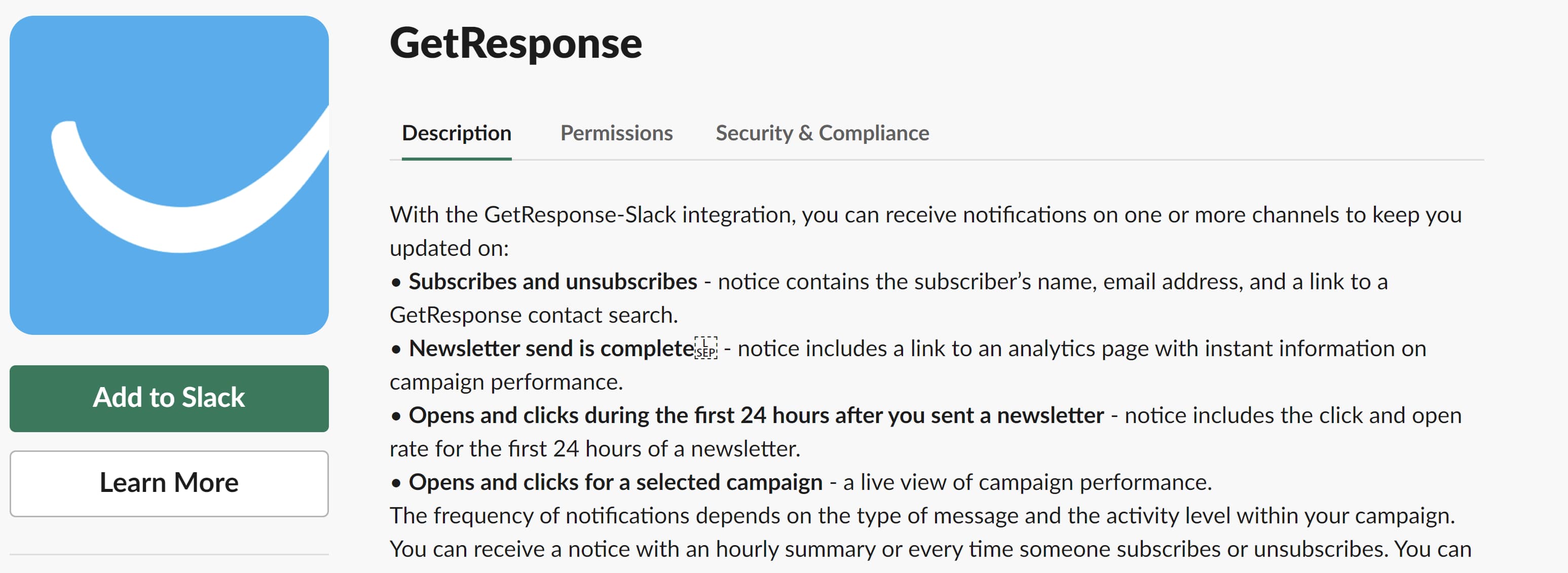 Screenshot of GetResponse, a bot for Slack