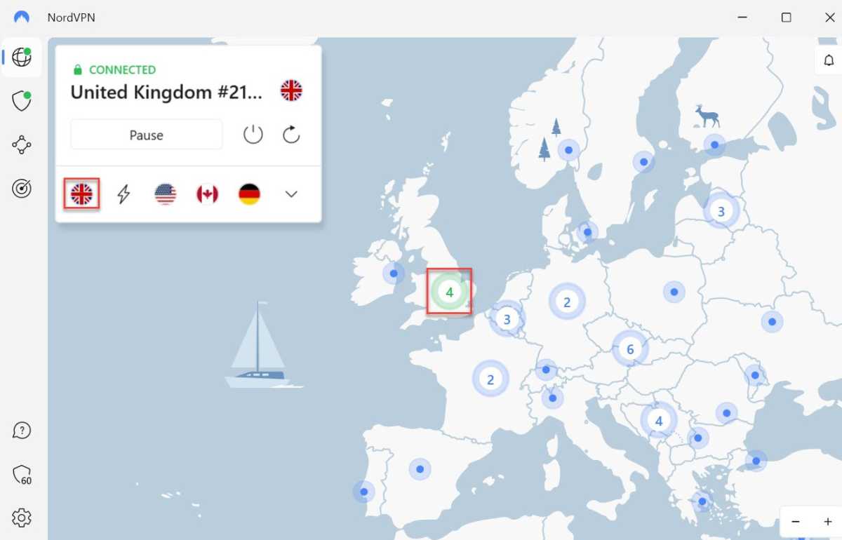 NordVPN conectado a un servidor del Reino Unido