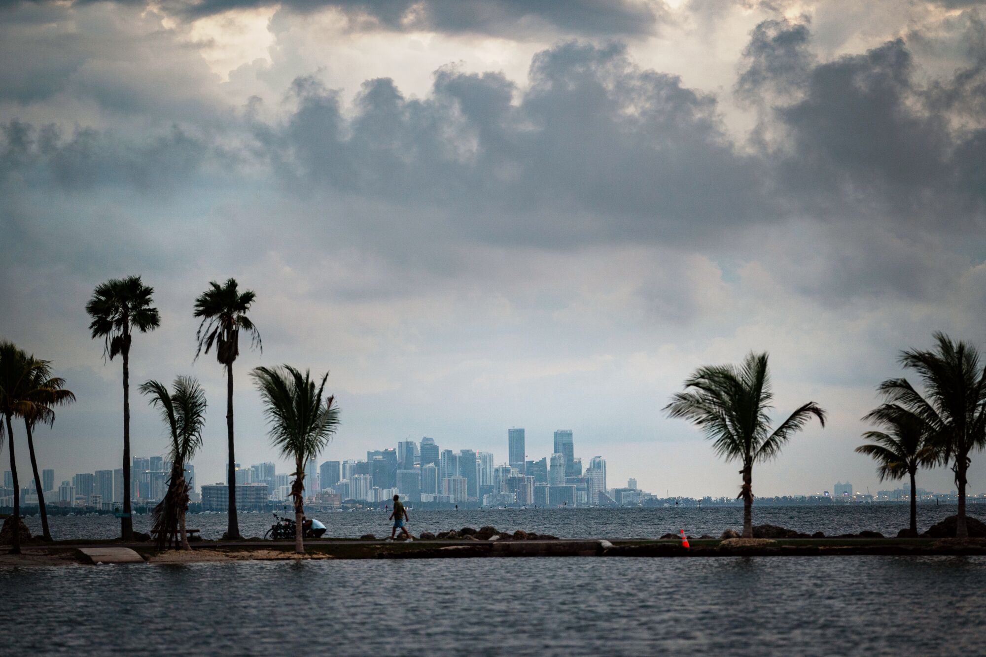 Una persona solitaria camina sobre una delgada franja de tierra con palmeras rodeadas de agua.  El horizonte de Miami está en el horizonte.