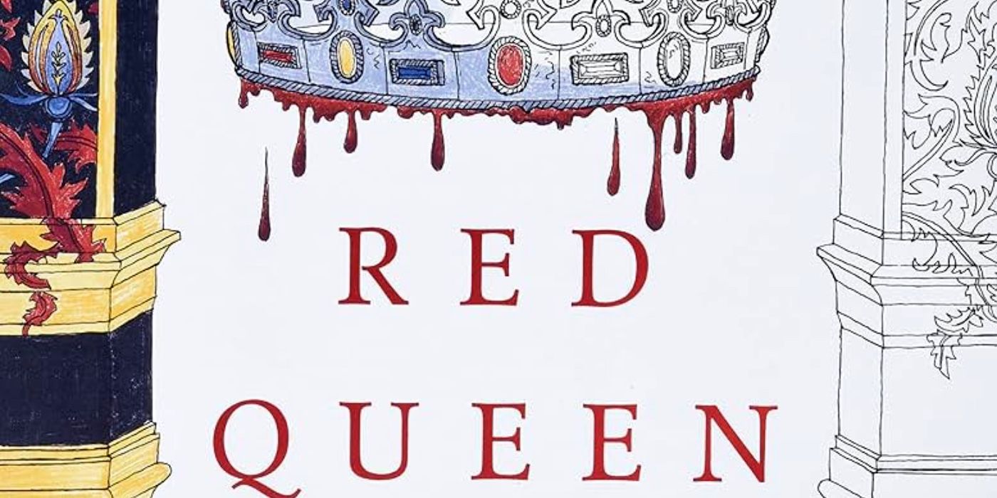 A crown with blood dripping down it on the cover of the coloring book for the book Red Queen.