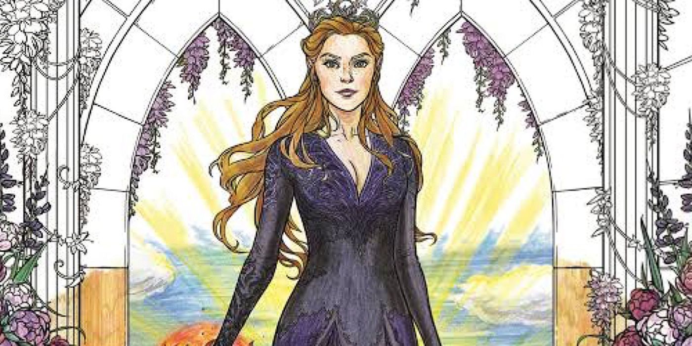 Feyre Archeron standing as the High Lady of the Night Court in the A Court of Thorns and Roses official coloring book.