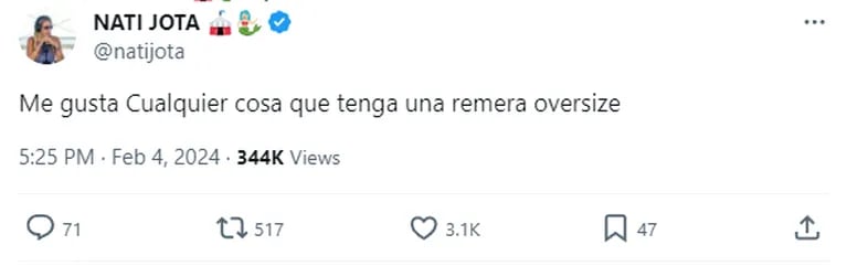 Nati Jota wrote a controversial tweet after her video with Nacho Castañares went viral.  (Capture: Twitter / natijota)