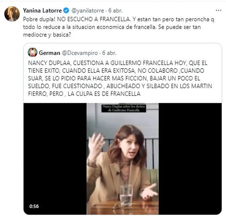 Yanina Latorre tweeted against Nancy Dupláa.  (Photo: Twitter/yanilatorre)